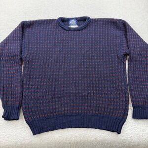 Woolrich Vintage Mens XL Birdseye Knit Wool Sweater Navy Blue Rust Red 9647